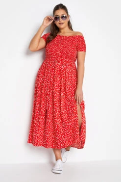 YOURS - Robe Rouge Petites Fleurs En Bardot Manches Courtes