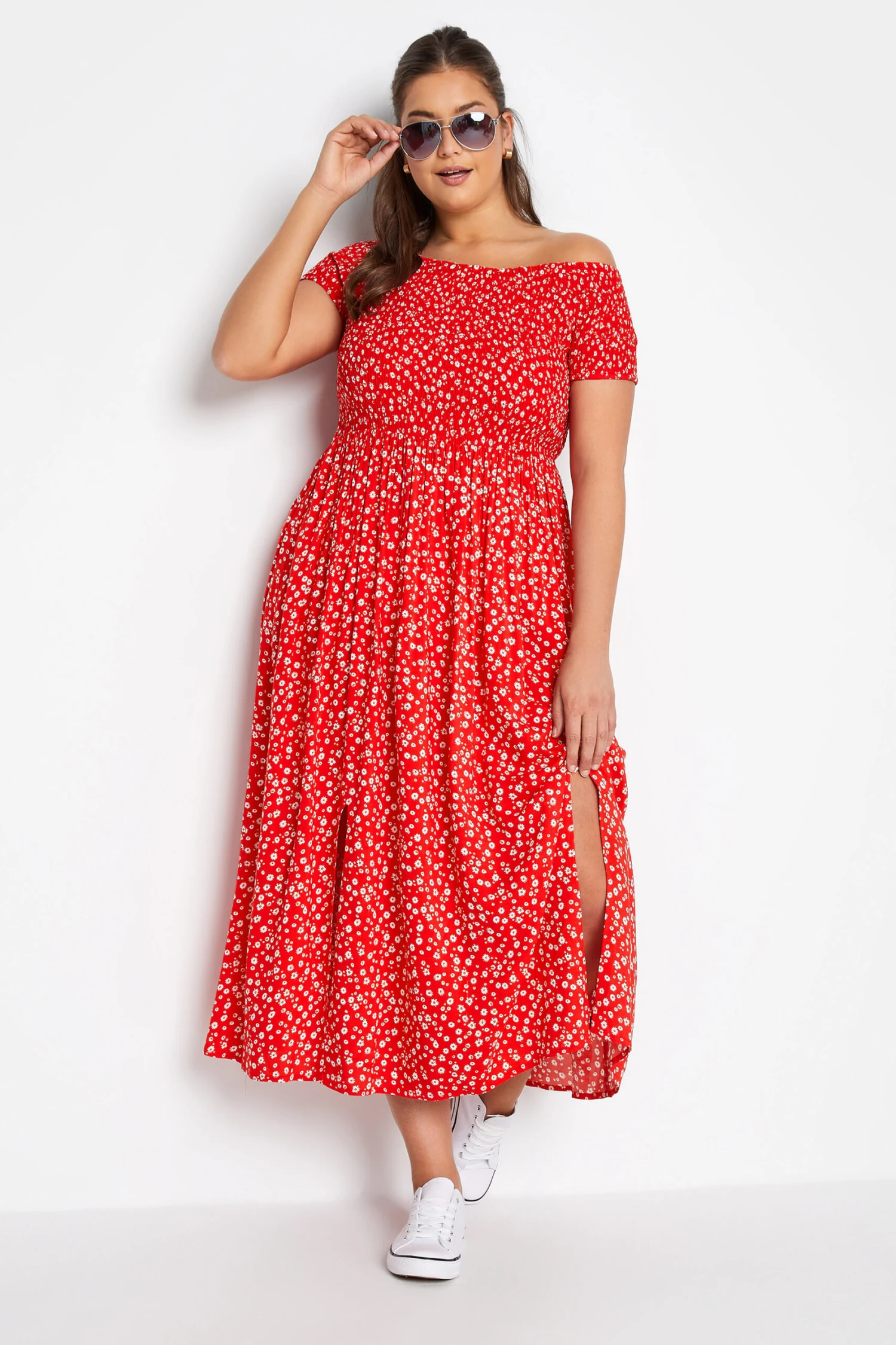 YOURS - Robe Rouge Petites Fleurs En Bardot Manches Courtes 3 YOURS - Robe Rouge Petites Fleurs En Bardot Manches Courtes