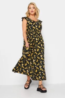 LIMITED COLLECTION - Robe Noire Citrons Volanté En Maxi