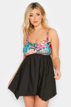 YOURS - Robe De Bain Noire & Tropical Ourlet Roulanté