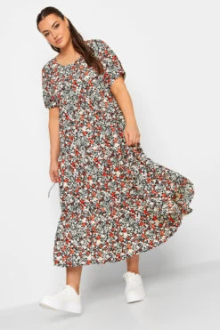 LIMITED COLLECTION - Robe Noire Floral Rouge Smocké Midaxi