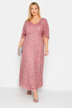 LUXE - Robe Rose Maxi à Sequins Manches Amples