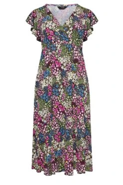 YOURS - Robe Maxi Noire & Verte Cache-Coeur Petites Fleurs Manches Volantées -GrandeTendance Boutique c44ba0e7 76dc 4f 301889 X