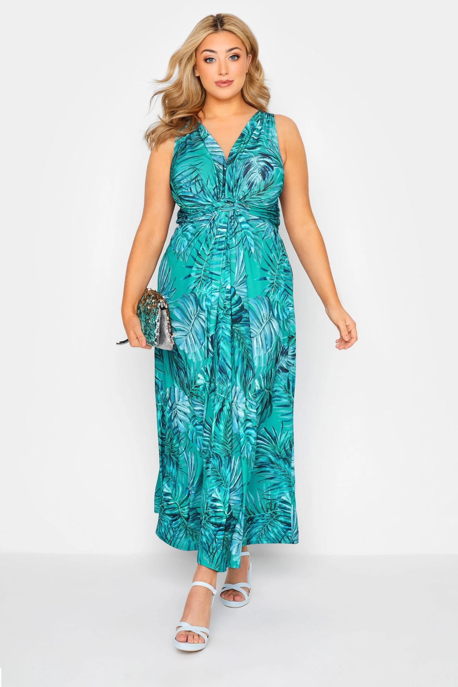 YOURS LONDON - Robe Maxi Bleue Turquoise Tropicale Noeud Avant