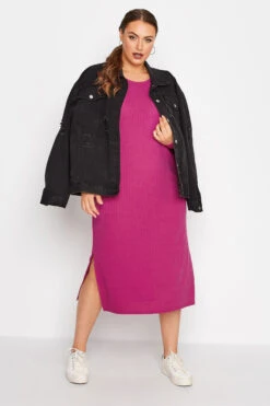 LIMITED COLLECTION - Robe Rose Fushia Nervuré Coupe Midi