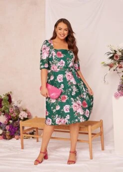 YOURS LONDON - Robe Verte Foncée Floral Manches Courtes -GrandeTendance Boutique c80d4035 001c 4b 161733 L