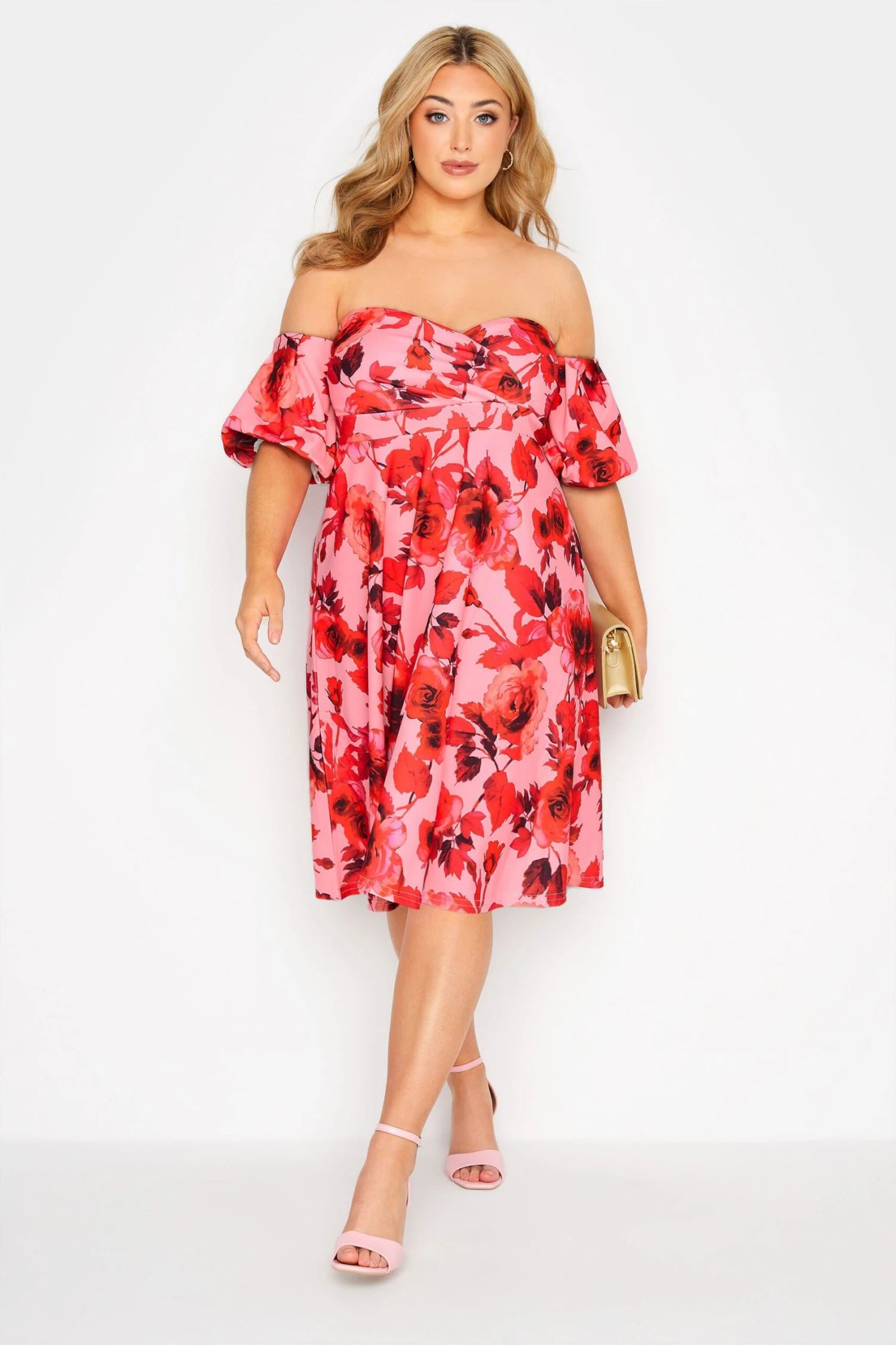 YOURS LONDON - Robe Rose & Rouge Floral Design Bardot 4 YOURS LONDON - Robe Rose & Rouge Floral Design Bardot – Image 2