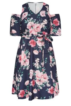 YOURS LONDON - Robe Bleue Marine Fleurie Épaules Ajourées -GrandeTendance Boutique cb98a2f1 122e 4d 162148 X