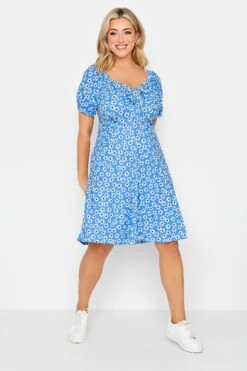 YOURS PETITE - Robe Bleue Pâquerettes Manches Courtes Bouffantes