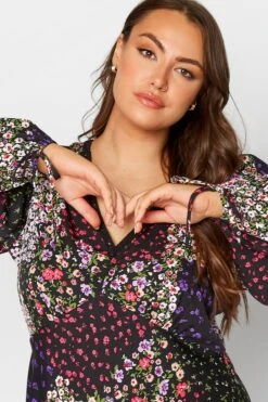 LIMITED COLLECTION - Robe Noire Patchwork Multi-Floral Manches En Ballons -GrandeTendance Boutique cc766b7e 43e2 48 214908 D