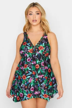 YOURS - Robe De Bain Noir & Rouge Fleurs Tropicales Volanté