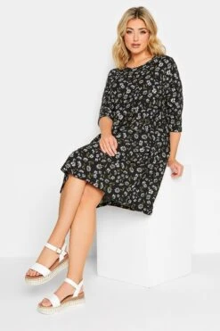 YOURS - Robe Noire Mini Imprimé Marguerites Drâpée à Poches