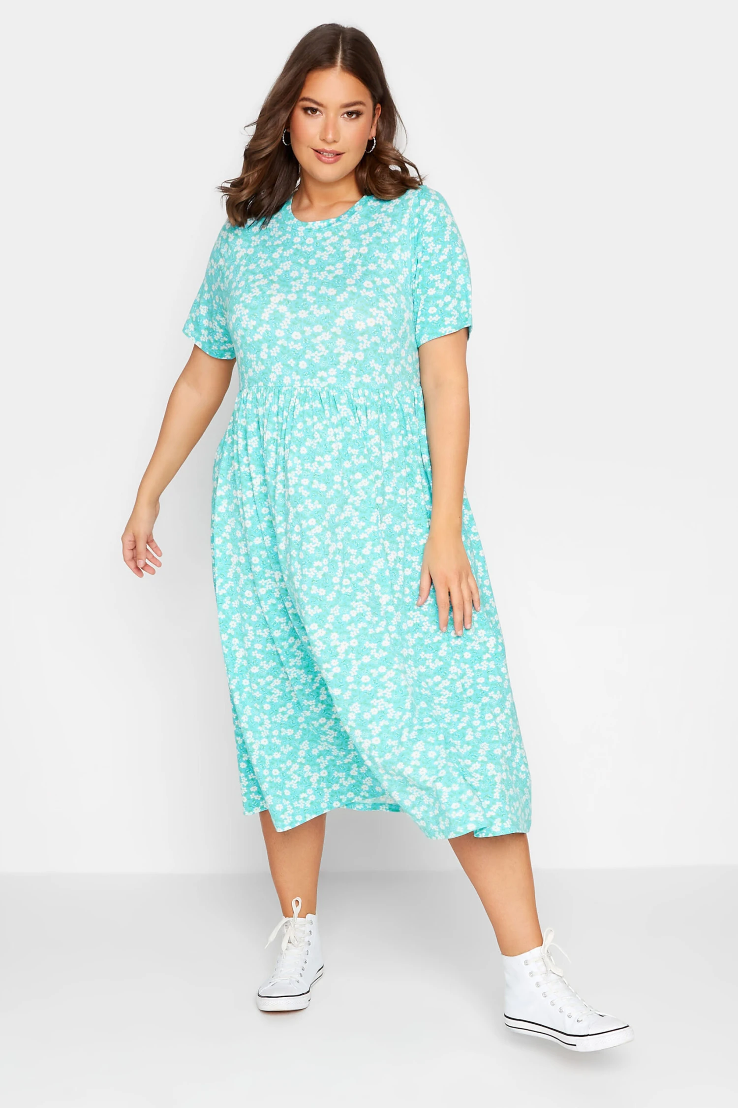 YOURS - Robe Bleue Turquoise Imprimé Floral Smocké Manches Courtes 3 YOURS - Robe Bleue Turquoise Imprimé Floral Smocké Manches Courtes