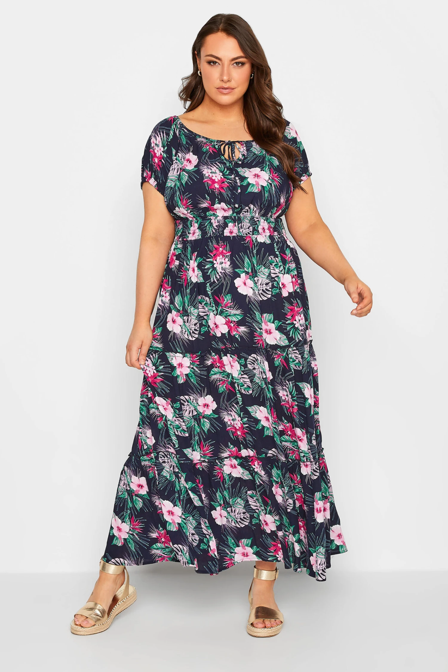 Robe Bleue Marine Maxi Imprimé Floral Tropical Manches Courtes 3 Robe Bleue Marine Maxi Imprimé Floral Tropical Manches Courtes