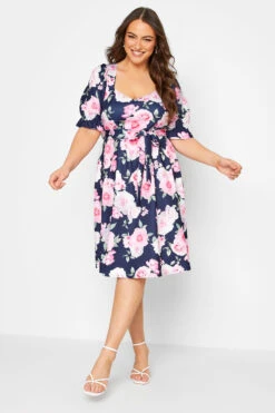 YOURS LONDON - Robe Bleue Marine Floral Rose Manches Bouffantes