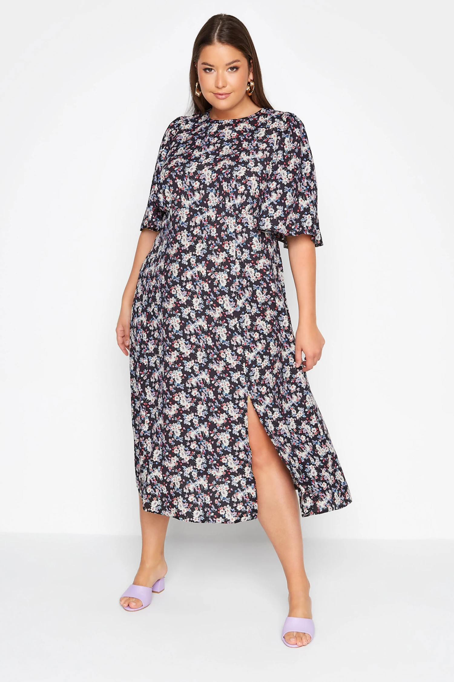 Robe Noire Midi à Fente Design Floral 3 Robe Noire Midi à Fente Design Floral