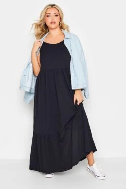 YOURS - Robe Bleue Marine Volantée Fines Bretelles Maxi En Jersey