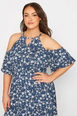 Robe Bleue Marine Floral Épaules Ajourées -GrandeTendance Boutique da063884 56ba 40 300798 D