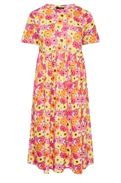 YOURS - Robe Rose & Jaune Floral Smocké Manches Courtes -GrandeTendance Boutique db85d78d 5dac 4d 137389 X