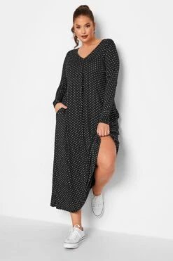 LIMITED COLLECTION - Robe Noire En Jersey à Pois Manches Longues