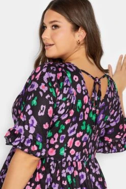 YOURS - Robe Midi Noire & Violette Texturée Animal Smocké Manches Courtes -GrandeTendance Boutique dceb6ce1 1b19 4e 137508 D