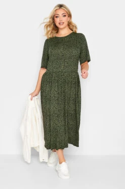 LIMITED COLLECTION - Robe Midi Smocké Verte Kaki Léopard