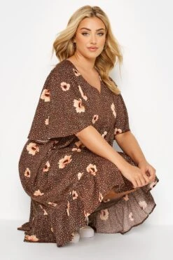 Robe Marron Floral Smocké Coupe Droite -GrandeTendance Boutique df1a6c23 8ef9 4c 174079 D