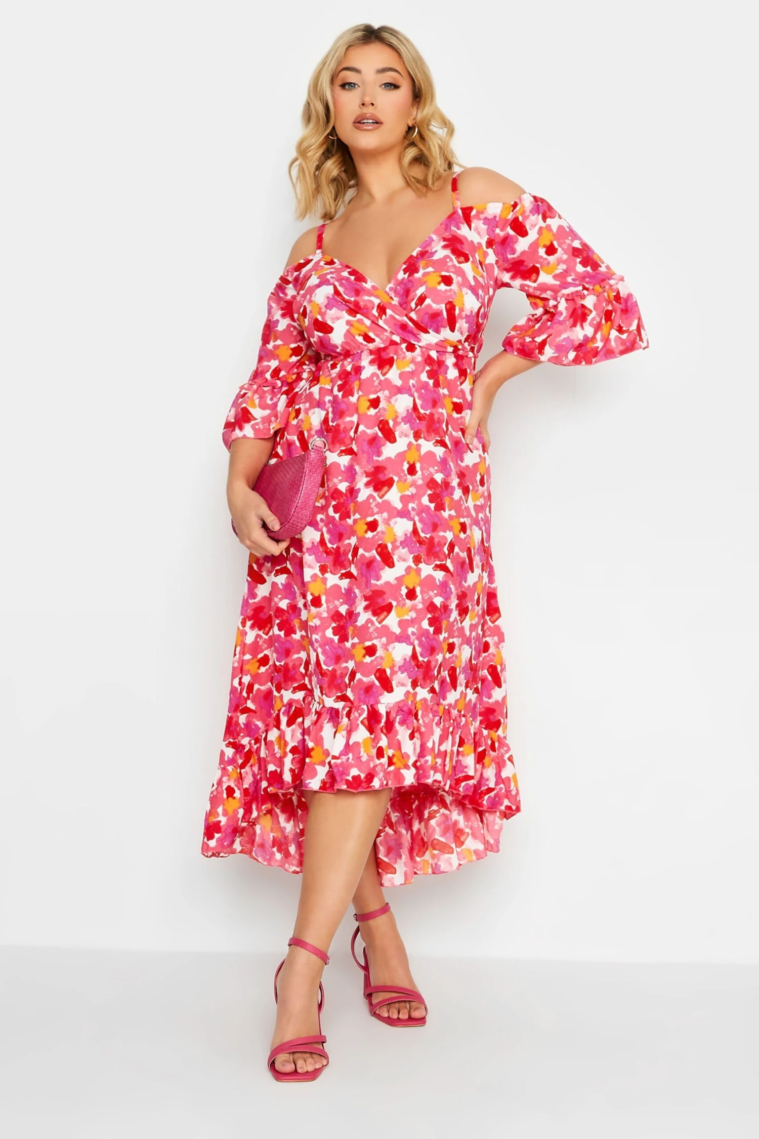 YOURS - Robe Rose Floral Volanté Épaules Ajourées 3 YOURS - Robe Rose Floral Volanté Épaules Ajourées