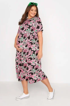 BUMP IT UP MATERNITY - Robe Noire Floral Rose & Vert