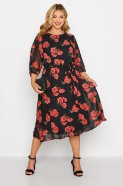 YOURS LONDON - Robe Noire Midi Imprimé Coquelicots