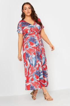 YOURS - Robe Maxi Cache-Coeur Rouge & Bleue Feuilles Tropicales Volanté