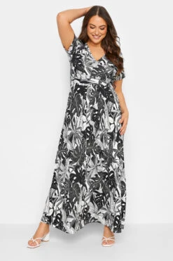 YOURS - Robe Noire & Blanche Maxi Imprimé Floral & Feuilles