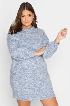 Robe-Pull Bleue & Blanche Midi En Maille Toucher Doux