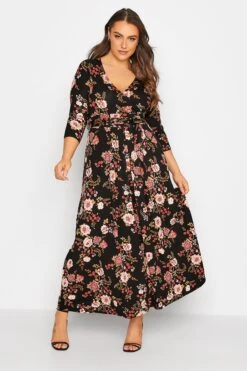 Robe Noire Floral Rouge Cache-Coeur En Jersey