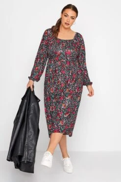 LIMITED COLLECTION - Robe Noire Multi-Floral Rose Manches Longues