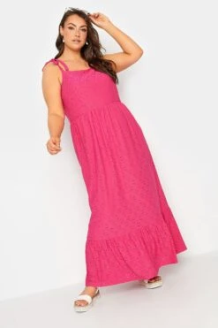 YOURS - Robe Maxi Rose Fushia Broderie Anglaise Volantée