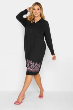Robe Noire Midi Manches Longues Ourlet Aztèque