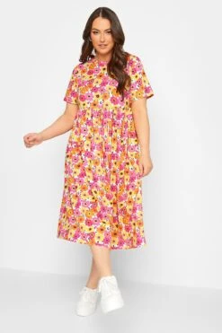 YOURS - Robe Rose & Jaune Floral Smocké Manches Courtes -GrandeTendance Boutique f527437a f80b 42 137389 C