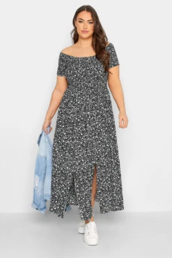 Robe Noire Petites Fleurs Maxi Design Bardot
