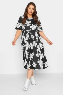 LIMITED COLLECTION - Robe Midi Smocké Noire Floral Blanc