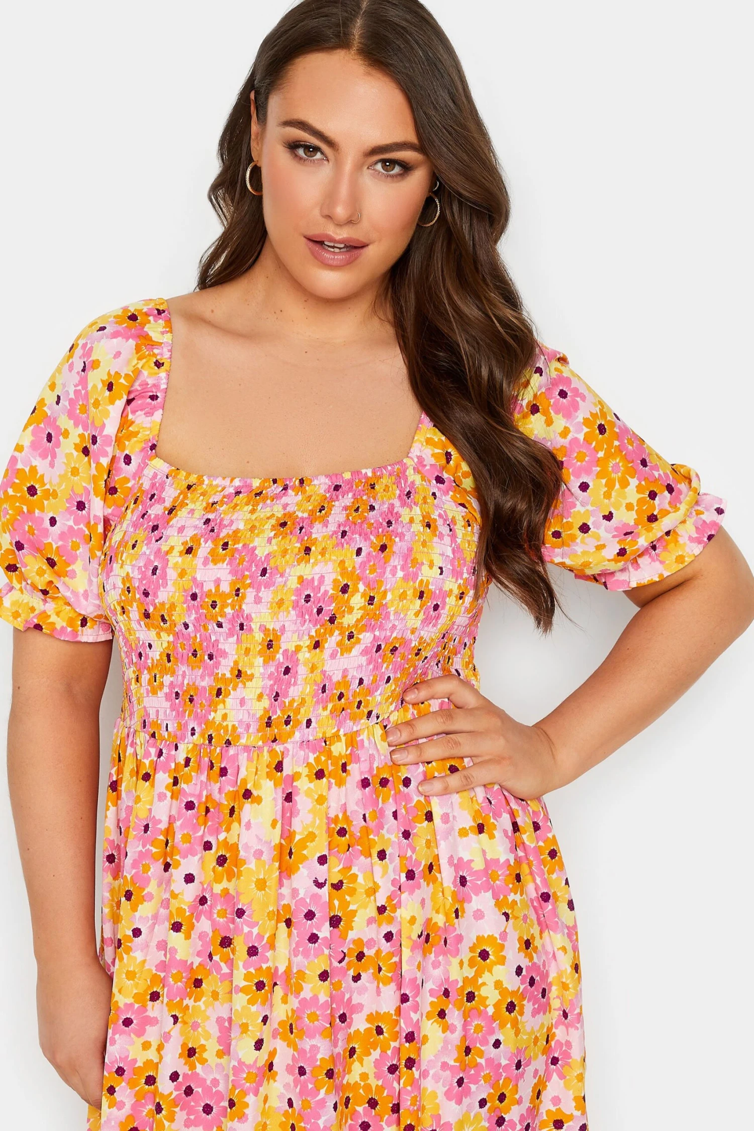 YOURS - Robe Midi Orange & Rose Floral Manches Courtes Bouffantes 6 YOURS - Robe Midi Orange & Rose Floral Manches Courtes Bouffantes – Image 4