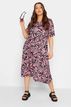 LIMITED COLLECTION - Robe Midi Smocké Noire & Rose Imprimé Tourbillons