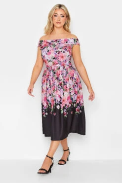 YOURS PETITE - Robe Bardot Noire Floral Volanté