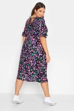 YOURS - Robe Midi Noire & Violette Texturée Animal Smocké Manches Courtes -GrandeTendance Boutique ff553aac 1962 4f 137508 C